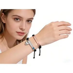 New personalized fashion couple woven bracelet with nameplate, heart-to-heart magnetic eternal couple bangle set, one pair
