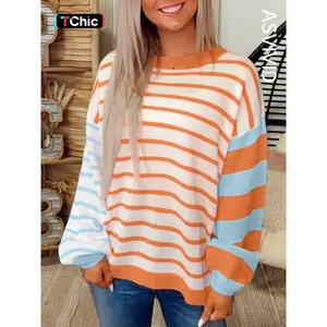 Women's Casual Elegant Comfortable Colorblock Striped Print Drop Shoulder Round Neck Knit Pullover Sweater, Fall & Winter Fashion