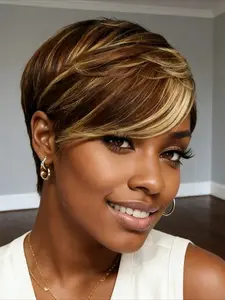 P4/27 Ombre Color Straight Human Hair Wig for Women Pixie Cut Wig Valentine's Day Wig Full Machine Made Wig 150% Density 6 Inch