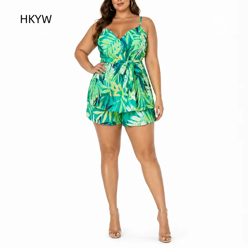 1 Piece Plus Size Tropical Leaf Print Romper Women Spaghetti Strap V Neck Self Tie Belt Tier Layer Shorts Vacation Outfit plain pattern Casual Green