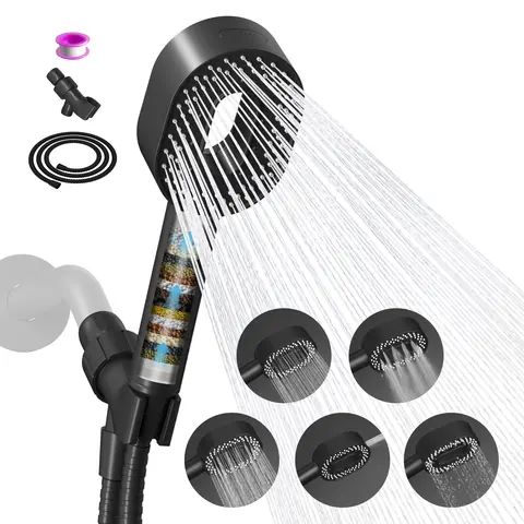 Hibbent Filtered Handheld Shower Head, High Pressure 5 Spray Mode Detachable Bendable Model with Built-in Filter Screen & Water Softener Beads for Hard Water - Removes Chlorine, Family Household Home Goods