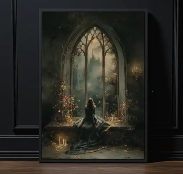 [25% OFF] [UNFRAMED]    Woman at Gothic Window Poster: Romantic Melancholia Print
