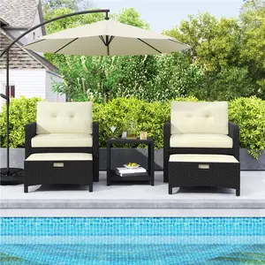 【2 Boxes Delivery】Yaheetech Balcony Furniture Outdoor 5 Piece Patio Conversation Set, PE Wicker Rattan Sofa Lounge Chairs, Side Table & Ottomans with Cushions & Pillows for Backyard, Porch, Garden, Black/Beige