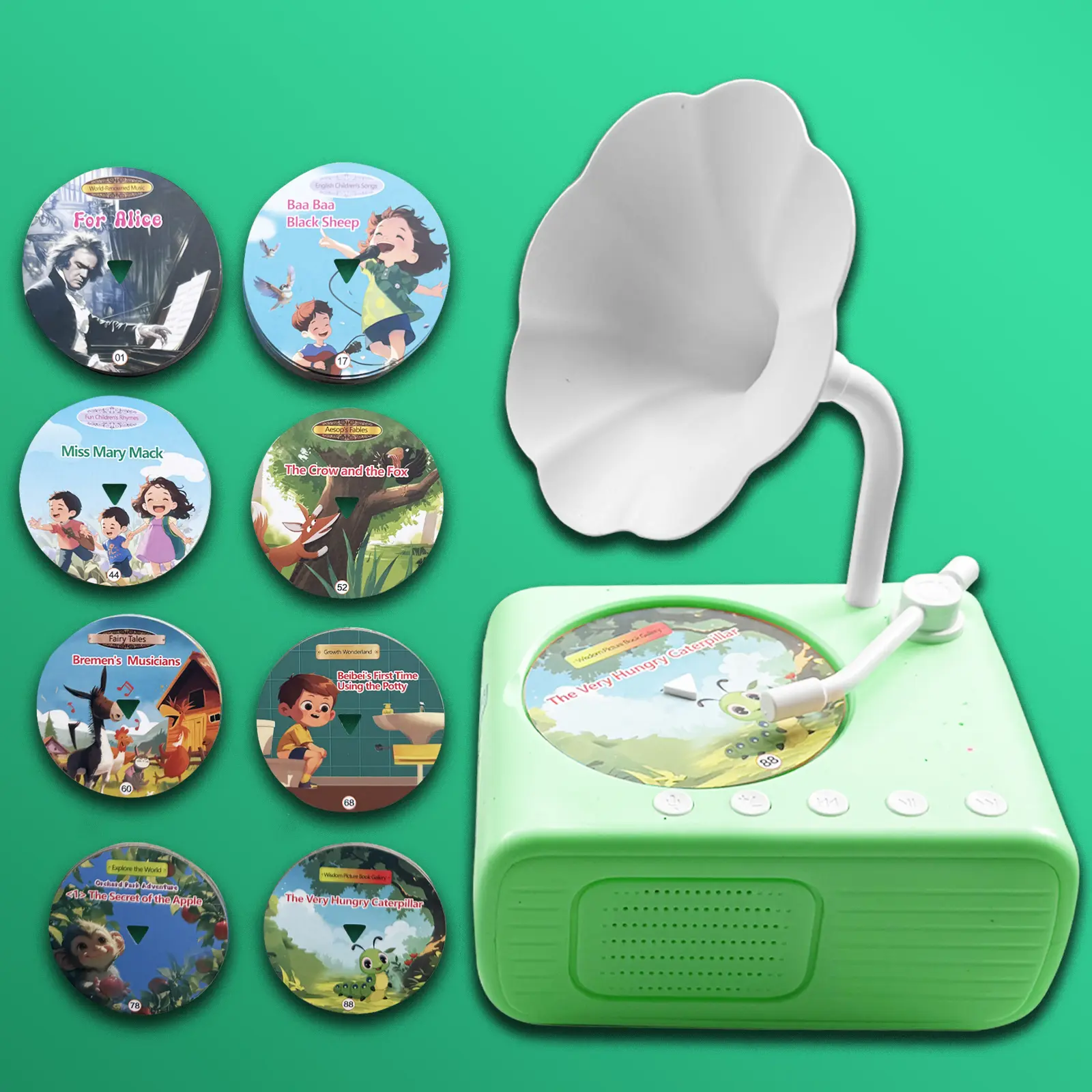 Kids Music Record Player with Speakers - 104 Flash Cards, 96 Audio Tracks, 8 Recordable DIY Discs, Bluetooth Story Music Speaker Dream Machine, 300mAh Battery, Vintage Phonograph, Retro Gifts for Toddlers (Green)