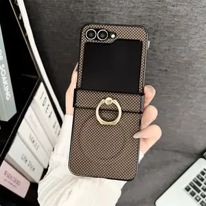 Chessboard Pattern Leather Magnetic Phone Case for Samsung Galaxy Z Flip 7 6 5 4 3 Flip7 FE Hinge Ring Holder Bracket Cover