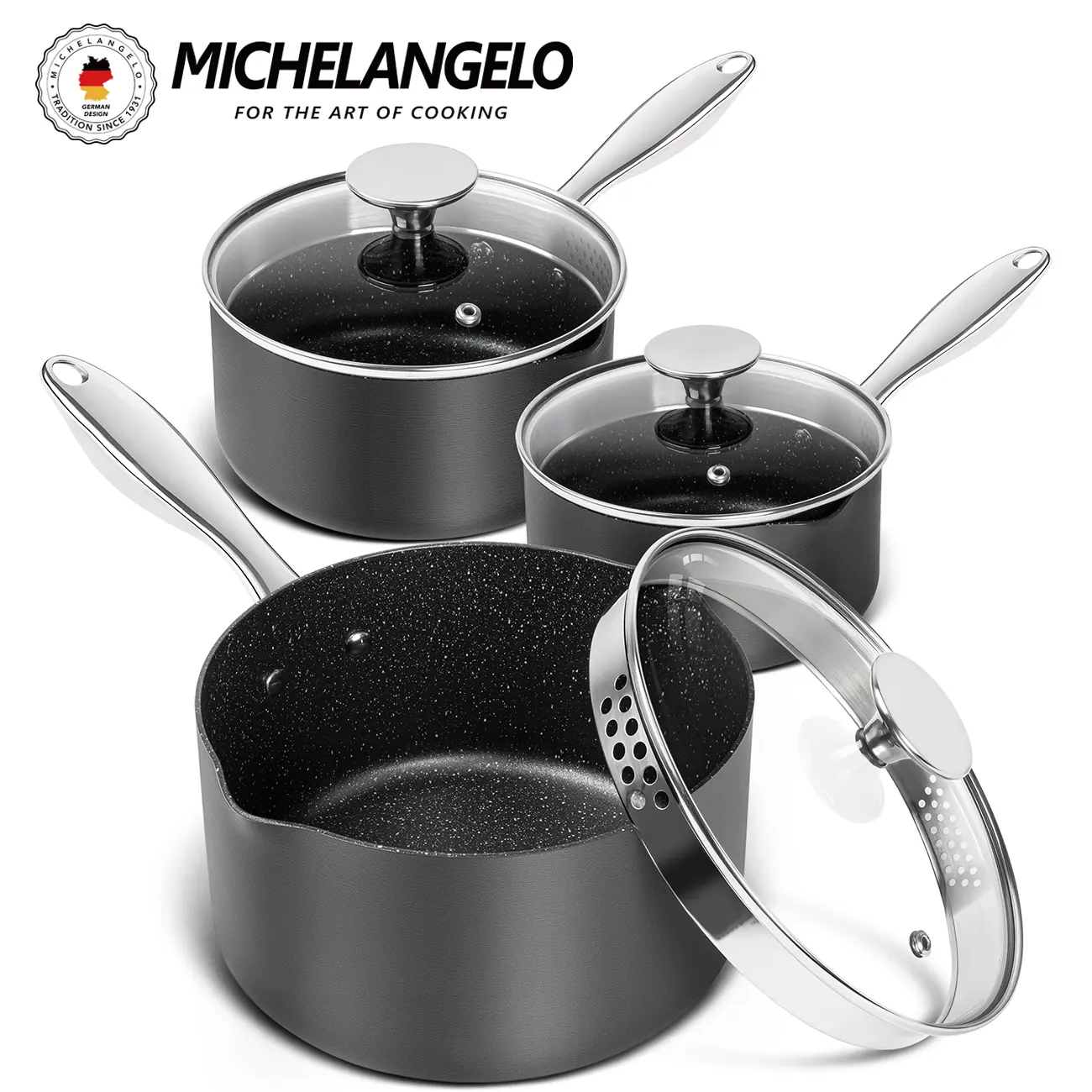 MICHELANGELO Nonstick Saucepan Set with Strainer Lids & Pour Spouts, Hard Anodized Granite Sauce Pans, Induction Compatible, 1.5QT, 2QT & 3QT