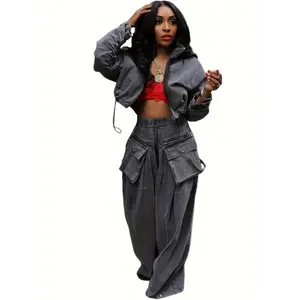 [Two Piece Ruched Denim Outfit] Womens Two Piece Sets Denim Outfit Ruched Long Sleeve Zip Up Cropped Jean Jacket Wide Leg Pants Chic Set