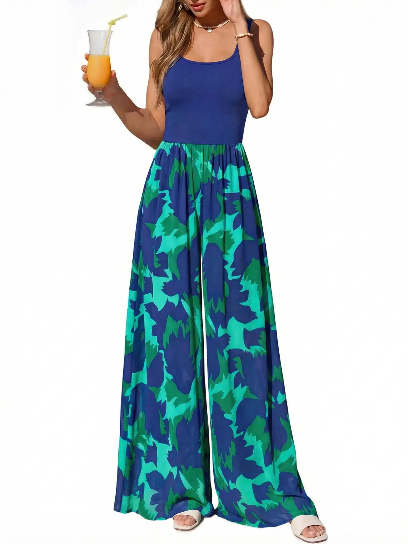 New Summer Casual Sleeveless Square Neck Tank Top and Baggy Loose Wide Leg Pants Set, Women's Printed Two-Piece, Trendy Fashion Wear, Clothes