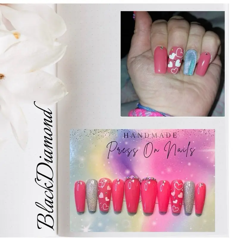 Beautiful Pink Heart Holographic Design 10 PCS Handmade Acrylic Press On Nails - available with Customizable Sizes and Shapes
