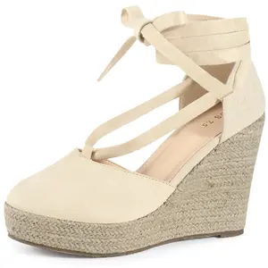 BLISSFUL STEP Platform Espadrille Sandal Lace Up Closed Toe Summer Wedge Heel Wedge Sandals for Women