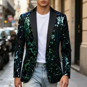 Men's Green Blue Sequin Tuxedo Blazer, Black Satin Lapel Slim Fit Party Jacket for Stage, Prom & Nightclub