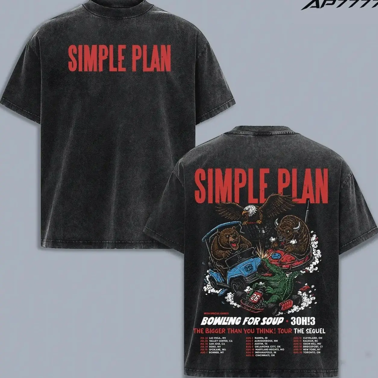 Simple Plan 2026 Tour T-Shirt - The Bigger Than You Think! Tour The Sequel with Bowling For Soup and 3OH!3, Unisex Retro Vintage Oversized Concert Merch, Soft Cotton Black Crewneck Music Fan Apparel Gift 21I