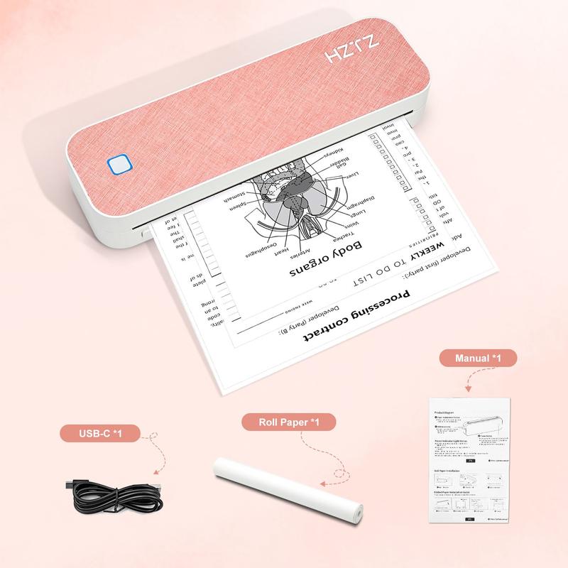Portable Inkless Thermal Printer, A4 Size, Prints Documents & Labels, Wireless Connection, USB Charging, Ideal for Travel & Office