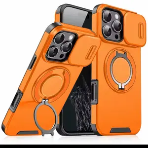 Luxury Heavy Duty Rugged Armor Magnetic Bracket Case For iPhone 16 Pro Max Plus Slide Camera Protection PC Cover with Ring Holder