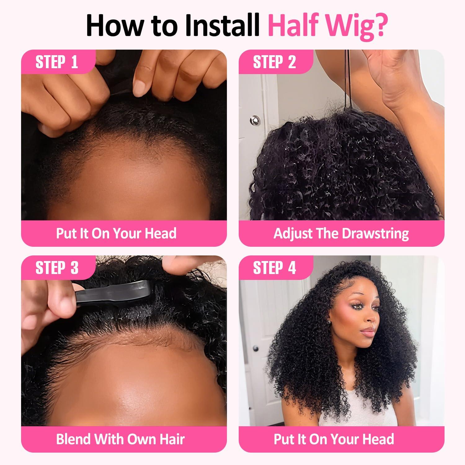 [3 IN 1 HALF] GOULUS Kinky Curly Half Wig Human Hair 200% Density 3 IN 1 Glueless Ready To Go Half Wig Human Hair With Drawstring Seamless Clip Ins Flip Over No Glue No Lace For Women Beginner Friendly