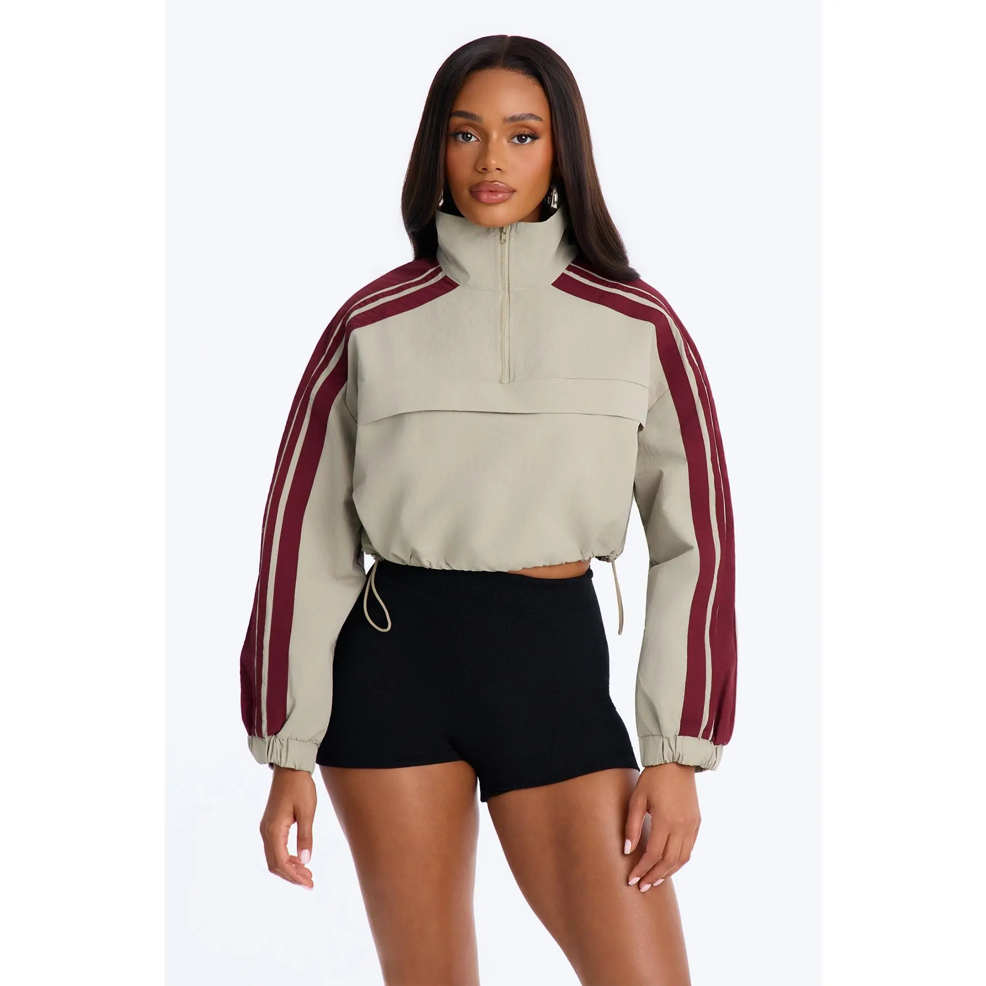 Power Moves Cropped Half Zip Funnel Neck Windbreaker Jacket - Olive/combo
