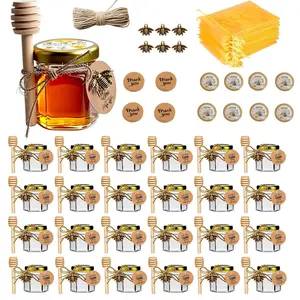 20 Pack Mini Honey jars-1.5oz, Hexagon honey jars with dippers, gold cover, bee pendant, Gold Gift Bags, rope, Thankyou Tags, Glass Honey jars with lids, Baby Shower, Wedding Favors, Party Favors