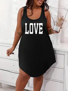 【Plus Size】 Letter Print Tank Dress, Casual Scoop Neck Sleeveless Dress for Daily Wear, Women's Sleepwear for All Seasons, Sleeveless Nightgown