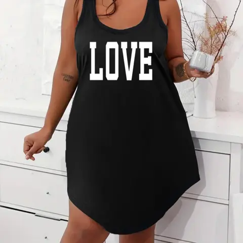 【Plus Size】 Letter Print Tank Dress, Casual Scoop Neck Sleeveless Dress for Daily Wear, Women's Sleepwear for All Seasons, Sleeveless Nightgown, Casual Loungewear, Nightdress