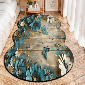 Floral Butterfly Style 2D Flat Velvet Irregular Rug, Non-Slip Design, Suitable for Bedroom Room Door Bathroom