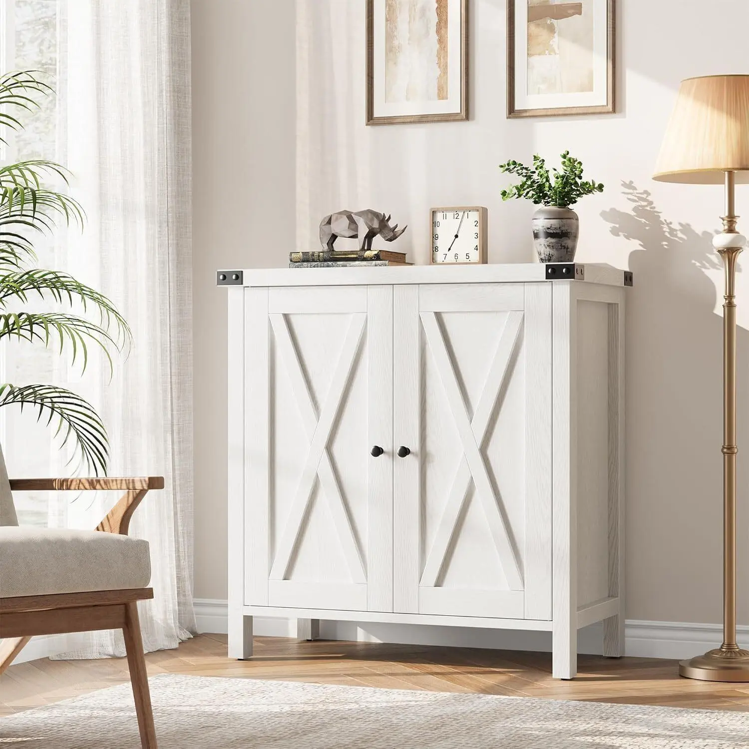 Gaomon Farmhouse White MDF Wood Cupboard - 40x80x80 cm Sideboard with Doors, Worktop, Adjustable Shelves, 3 Levels, Natural Wood Grain, Rustic Storage for Kitchen, Living Room, Farmhouse Cupboard
