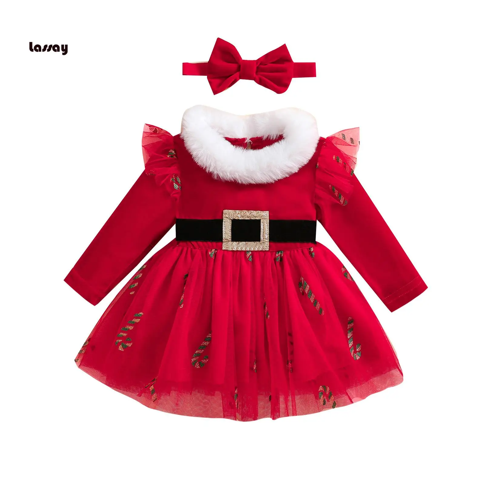 Baby Girl 2Pcs Christmas Outfits Long Sleeve Tulle Dress + Headband Set Infant Clothes
