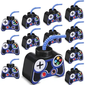 12 Pcs Plastic Video Game Party Cups with Straw and Lid 10oz Gamer Birthday Themed Drink Cups 7th Video Game Party Favors for Kids Toddlers Gamer Birthday Supplies (Blue)
