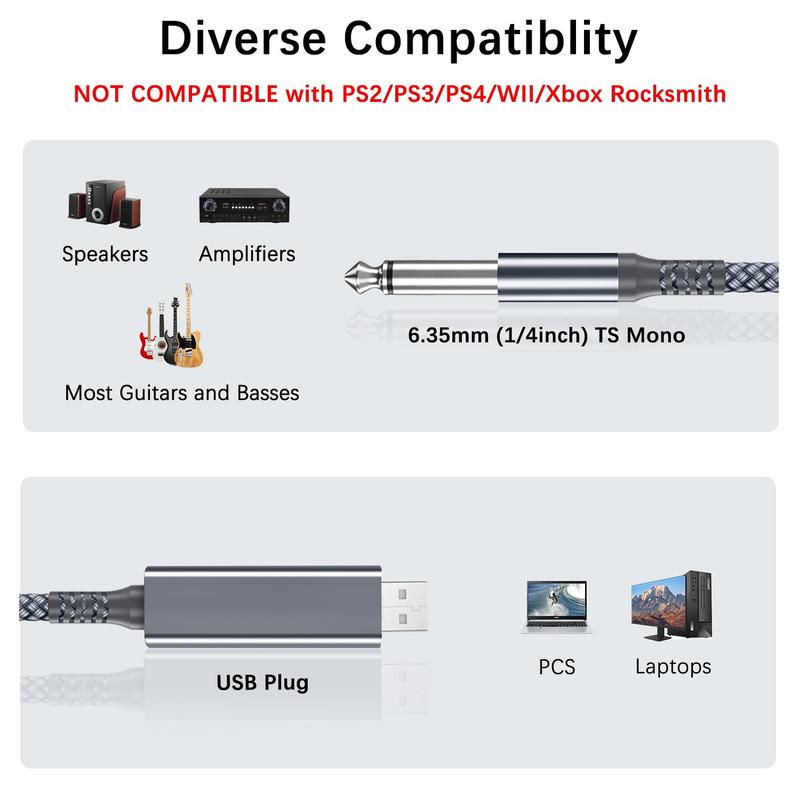 USB Guitar Cable 6.6FT,1/4 Inch TS Instrument Cord,USB A to 6.35mm Male Jack Stereo Audio Interconnect Wire Line for Electric Guitar,Bass,Keyboard,Mixer,Amplifier,Amp,Speaker,Equalizer, Feet