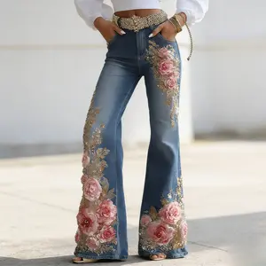 High-Waisted Flared Denim Jeans with Luxury Pink Rose & Golden Embroidery Retro Boho Pants Womenswear Button Bottoms Long Sleeves Elegant Winter Wool Solid Breathable Crop Trouser Streetwear Statement Shiny Piece