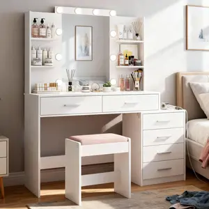 Modern White Makeup Vanity Table with led light & Mirror Elegant Design and Spacious Storage for Easy Organization for Bedroom