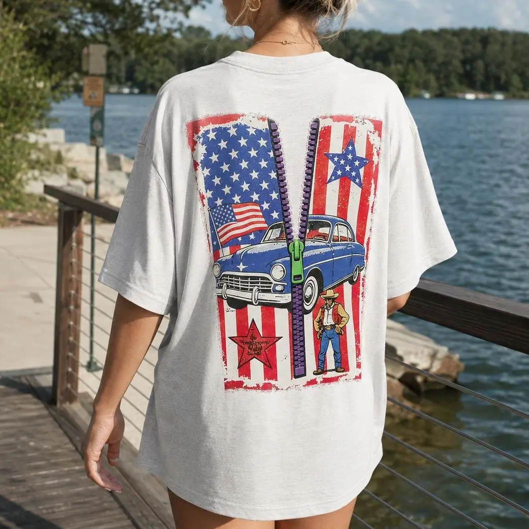 Women's MOODWEAR Basic Casual Loose Fit Unisex 230 GSM 100% Cotton Graphic T-Shirt - Raised Silicone Zipper Detail, From Chaos to Calm Slogan, Vintage Americana Back Print with Flag Element