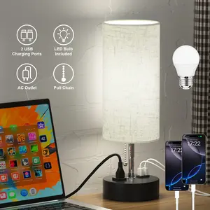 Sailstar Table Lamp for Bedroom, USB Bedside Lamp Nautral Daylight Modern Nightstand lamp with USB Port to Recharging, AC Outlets Fabric Linen Shade,LED Bulb Included Perfect for Living Room, Bedroom