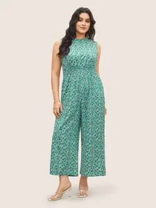 BLOOMCHIC Plus Size Lady Ditsy Floral Mock Neck Shirred Sleeve Overalls Jumpsuit with Pocket, Fit, [M-6X]2026 Summer Vibes Womenswear Bohemian Swimweek