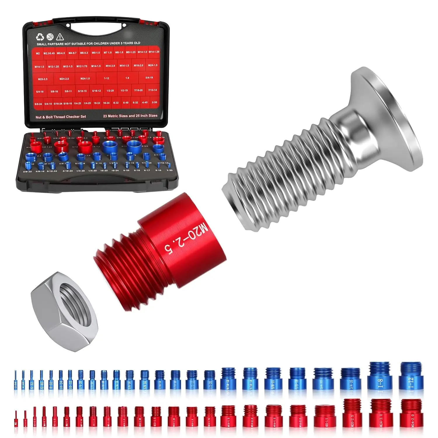 48PCS Nut & Bolt Thread Checker, 25 SAE & 23 Metric Thread Gauge Size Finder