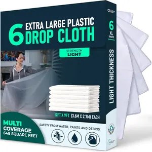 6 Pack 12x9 ft  Plastic Drop Cloth for Painting, Furniture Covers, Painters Plastic Cover, Clear  Tarp, Floor Protector, Disposable  Drop Cloth, 55% Recycled