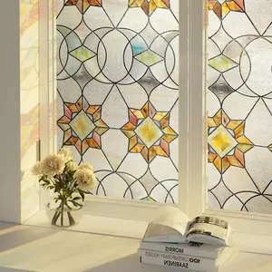 3D Stained Window Film - Static Cling Privacy Protection & UV Blocking, Floral Pattern 23.6x35.4 (No Residue, Reusable)