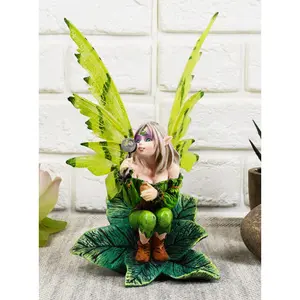 Mythical Goddess Green Earth Pixie Dust Fairy Blowing Crystal Bubble Statue 6"H