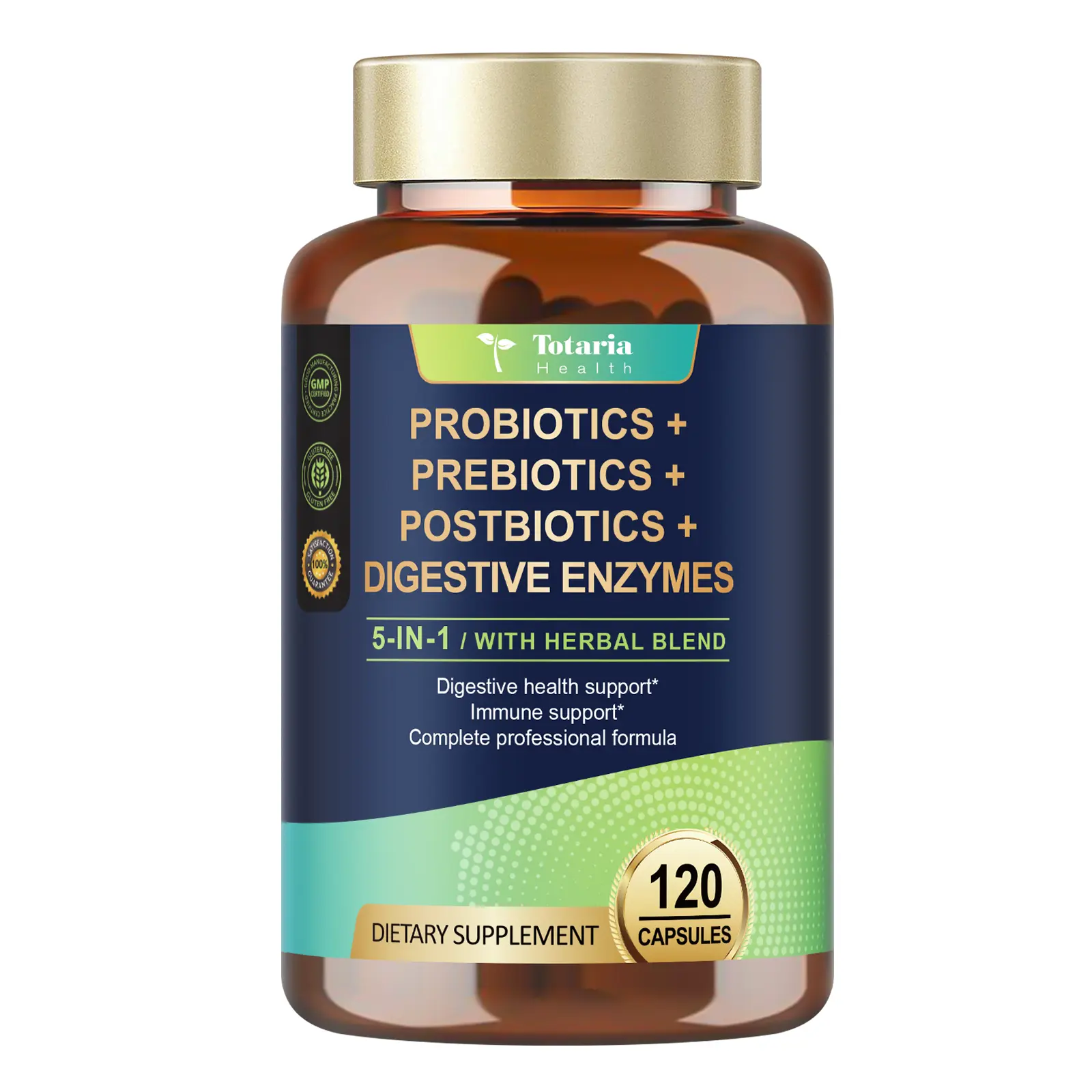 Totaria 5-in-1 Probiotic Prebiotic Postbiotic Supplement with Digestive Enzymes, Slippery Elm, and Herbal Blend for Digestive and Immune Support, 120 Capsules - Dietary, Healthcare