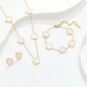 Four Leaf Clover Set - 18K Gold Plated Stainless Steel Necklace, Bracelet & Earrings with Mother of Pearl Elements and Floral Design