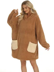 Block Sloth Embroidery Cartoon Pattern Fleece Blanket, Loose Fit Hooded Pocket Sweatshirt, Casual Home Wear Sleepwear