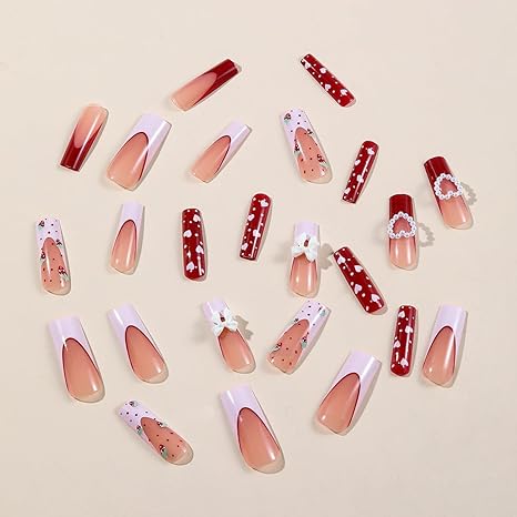 24 Pcs Long Square Fake Nails Strawberry Bow Design, Water Pipe Style Press On Nail Tips for Women & Girls