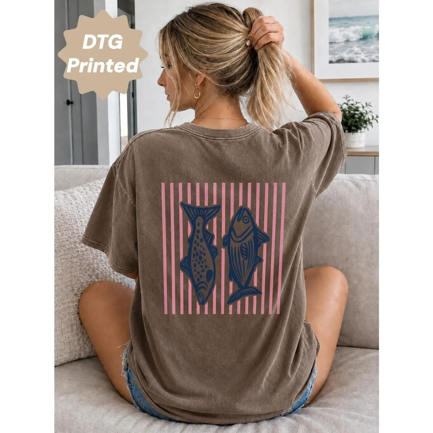MUSEBEAU Unisex Pure Cotton Crewneck Acid Washed Short-Sleeve T-Shirt - DTG Printed, Retro Pink Striped, Dual-Side Fish Graphic, Loose Baggy Streetwear Top - Gym, Summer Outfit