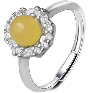 Cubic Zirconia Honey Amber Promise Ring | Adjustable Size | Stackable Wedding Band Style | Handmade Natural Amber Bead Ring | Elegant Lightweight Gift for Women or Teens