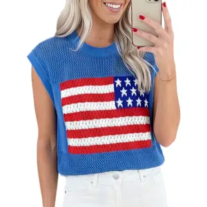 Asvivid Women's Flag Graphic Sleeved Sweater Knit Top Womenswear Casual Crewneck Tshirt Loose Summer Fashion Tops