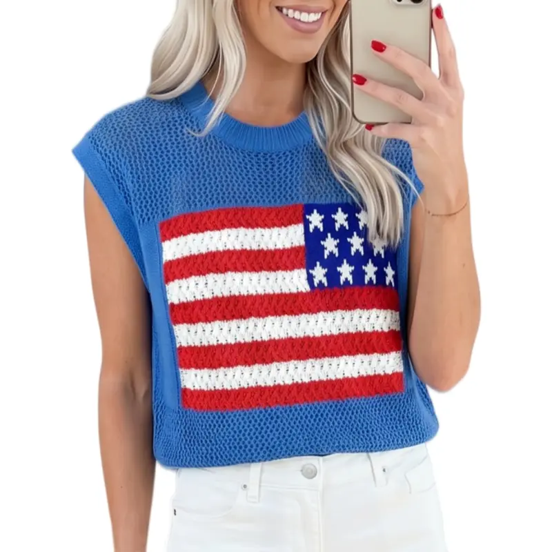 Asvivid Women's Crochet Flag Sweater Graphic Sleeved Sweaters Knit Top Womenswear Casual Crewneck Tshirt Loose Summer Clothes Fashion Tops