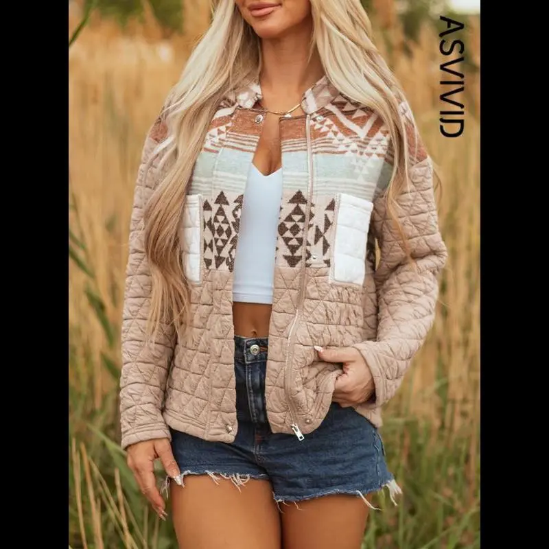 Trendy Women's Art Deco Print Quilted Patchwork Jacket, Casual Elegant Western Style Stand Collar Coat for Winter Thick Outerwear, Perfect for Daily Outfits, Great for Casual Wear, Lightweight and Comfortable Feel