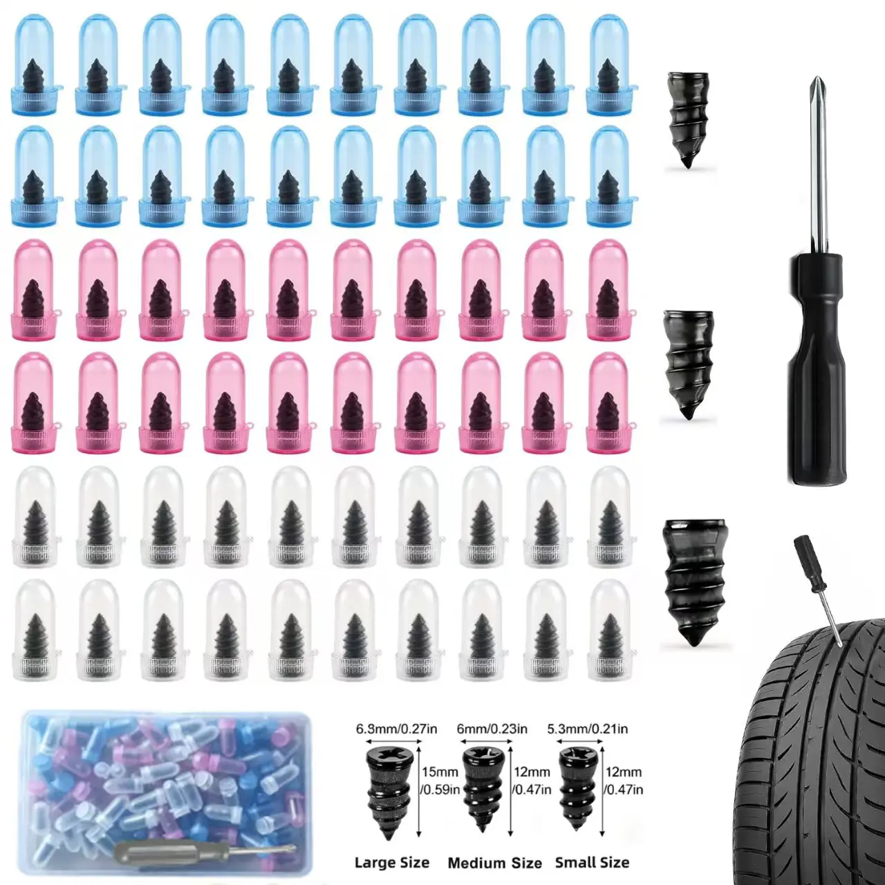 Multi-Size Tire Repair Screw Plug Kit - 30/60/100PCS Vacuum Rubber Nails Compact Emergency Puncture Fix Tool for Cars, Trucks