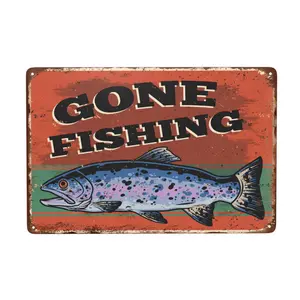WSTKJW Gone Fishing Metal Signs Vintage Wall Decorations for Home Lake House River Beach Retro Funny Tin Poster Plaque 12"x8" Inch