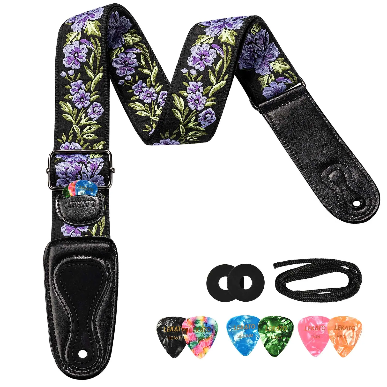LEKATO LGS-6 2" Wide Flower Bass Guitar Strap, for Bass Electric & Acoustic Guitar, with Leather Ends, Artistic Woven Guitar Straps, with Pick Holder 2 Safty Strap Locks & 6 Picks, for Music Lovers, Boys Girls Gift