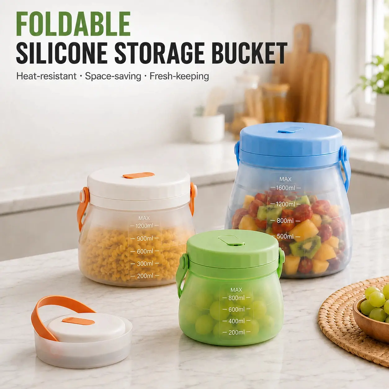 Reusable Collapsible Silicone Food Storage Container with Airtight Lid, Leakproof Space-Saving Meal Prep Bowl for Kitchen, Lunch, Travel and Camping, Eco-Friendly Storage, 800ml/1200ml/1600ml-YY